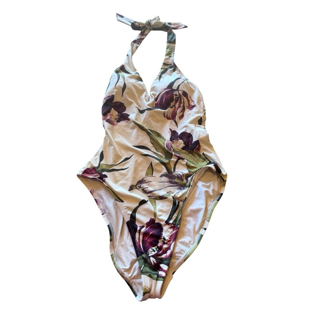 Robin Piccone Luxury One Piece Mona Plunge Purple Floral Halter Swimsuit Size 8